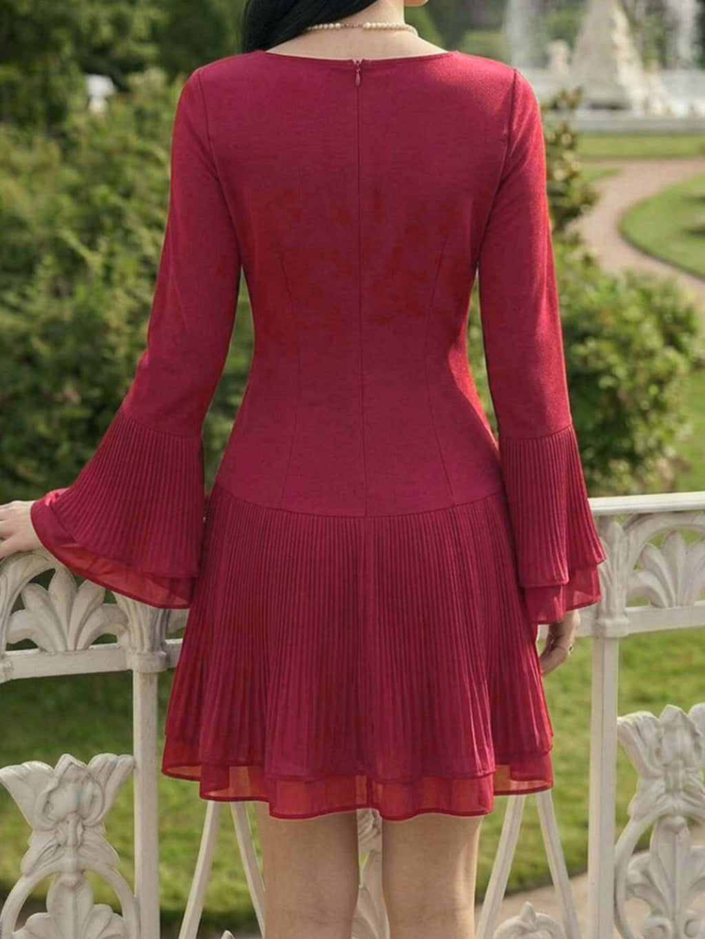 Bardot Neck Ruffle Sleeve Pleated Dress Women Elegant Vintage Party Cocktail Fall Winter Fitted Bodycon Burgundy Black S-L