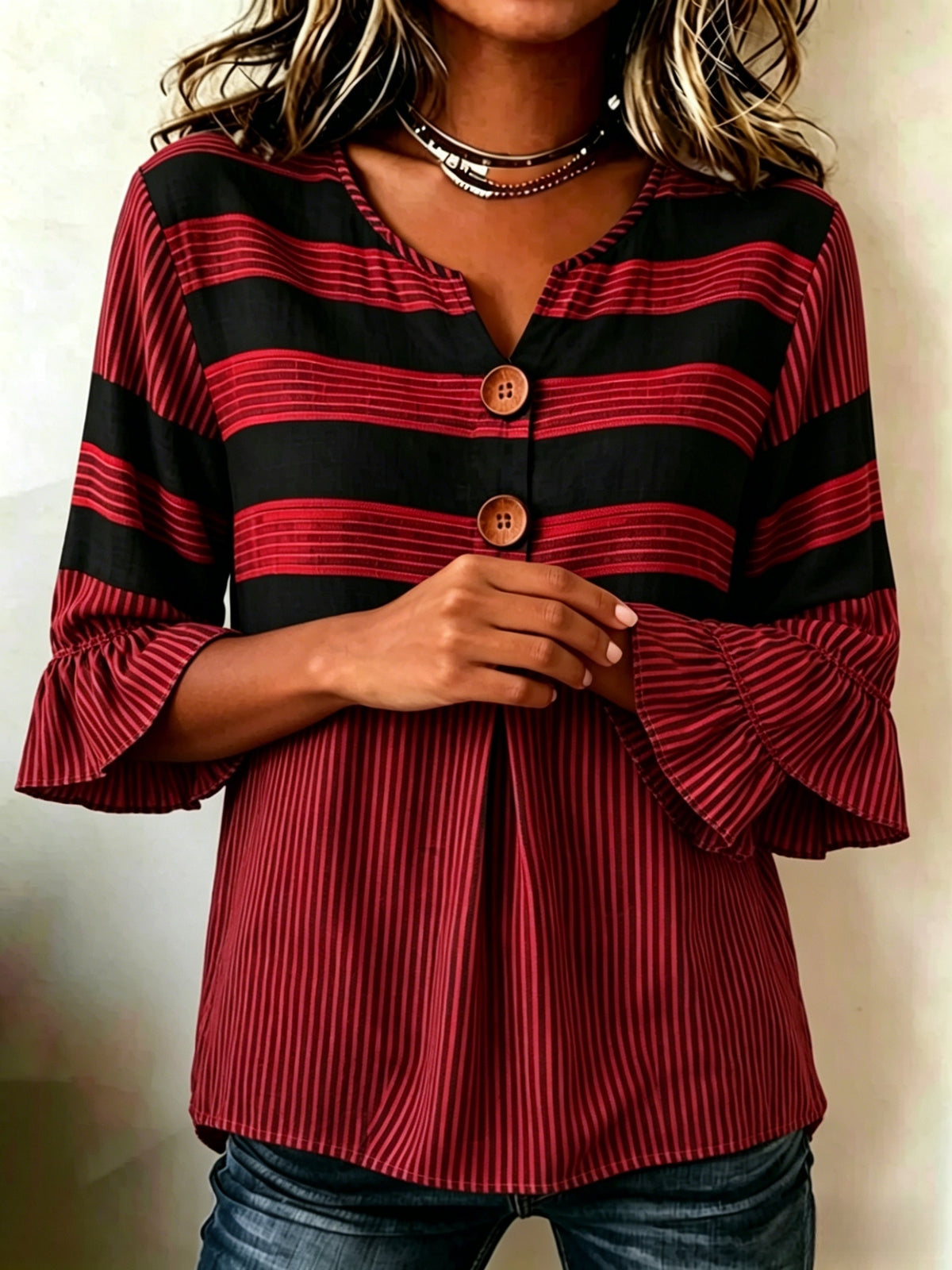 Striped V-Neck Blouse Women Ruffle 3/4 Sleeve Loose Fit Tunic Top Lightweight Linen Button Detail Summer Shirt S-2XL