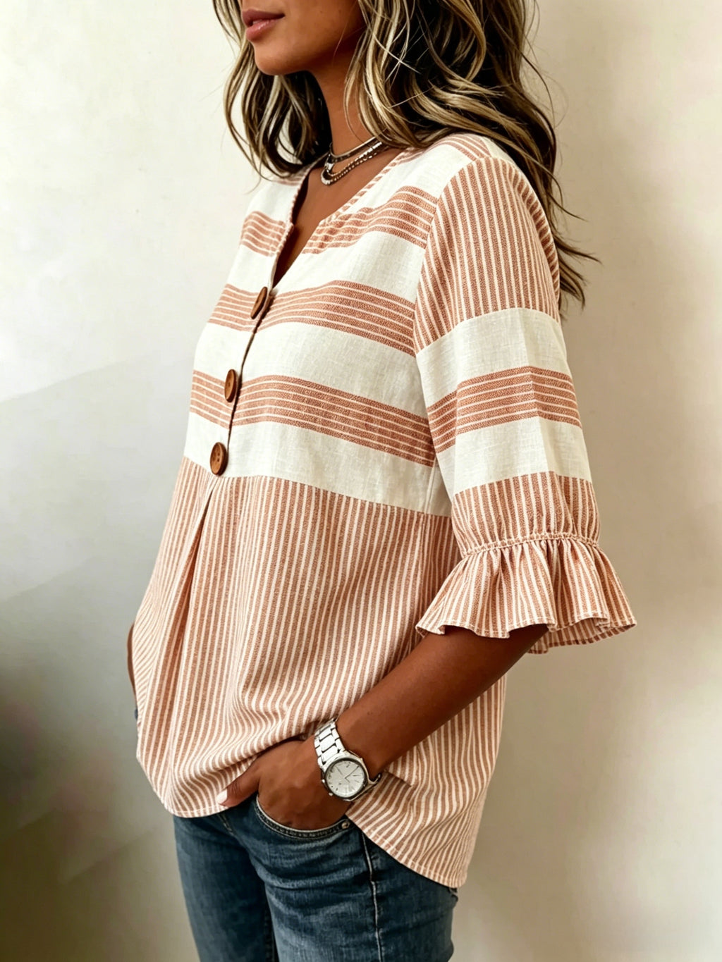 Striped V-Neck Blouse Women Ruffle 3/4 Sleeve Loose Fit Tunic Top Lightweight Linen Button Detail Summer Shirt S-2XL