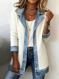 Spliced Denim Open Front Coat Women Mid Length Long Sleeve Loose Casual Spring Fall Jacket White Black S-XXL
