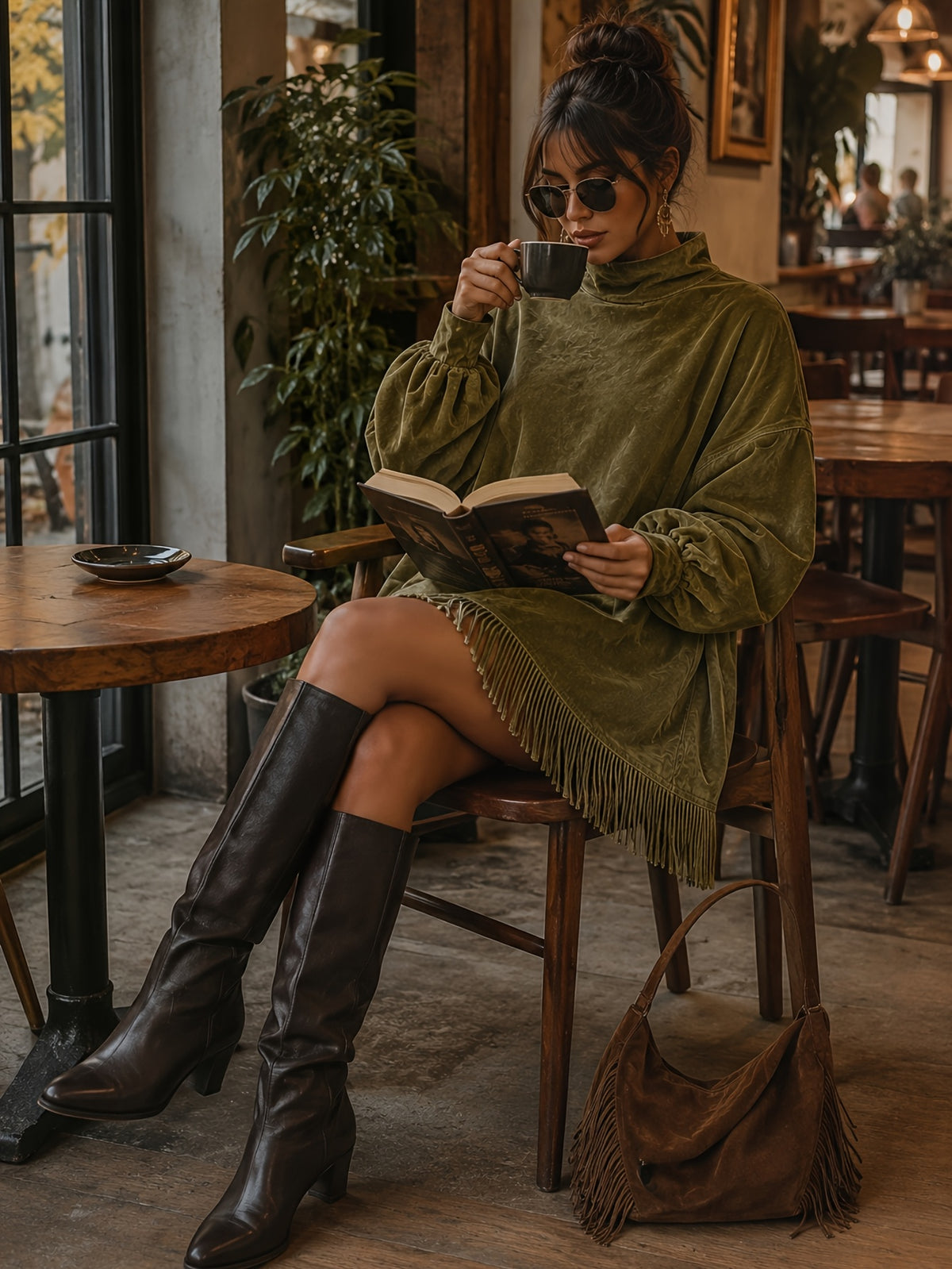 Fringed High Neck Long Sleeve Midi Dress Women | Retro Tassel Pleated Skirt | Loose Casual Dress XS-L
