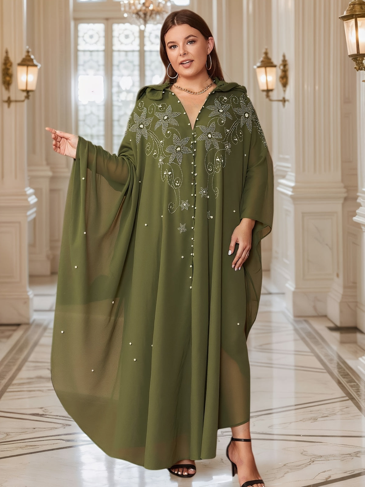 Rhinestone Cape Abaya Dress Women Batwing Trumpet Sleeves Long Cape Semi-Sheer Pearl Crystal Split Hem Formal Wedding