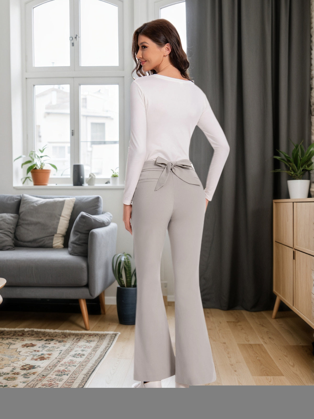 Plaid Flare Pants Women High Waist Tie Belt Slim Fit with Pockets Elegant Office Work Trousers Chic Tailored