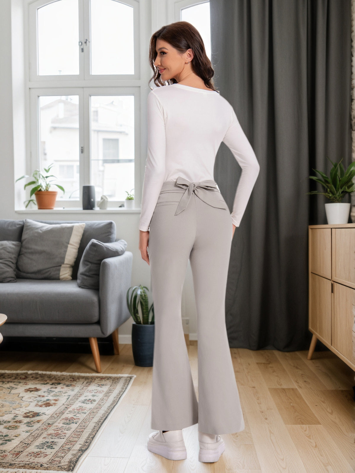 Plaid Flare Pants Women High Waist Tie Belt Slim Fit with Pockets Elegant Office Work Trousers Chic Tailored