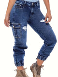 Cropped Denim Jeans for Women Distressed Stretch Elastic Cuff Multi-Pocket Cargo Style Washed Dark Blue with Golden Accents Casual Jean Pants S-XXL