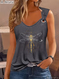 Dragonfly Print Sleeveless Top Women Retro Ring Design Casual Breathable Spring Summer Vest Shirt S-XXL