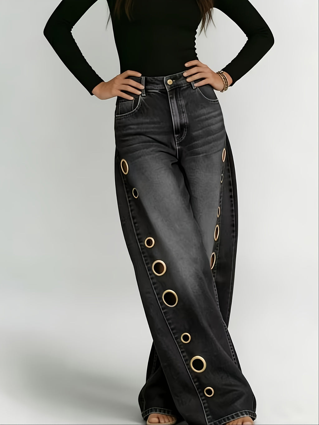 High Waist Wide Leg Jeans Women Retro Metal Eyelet Denim Pants Loose Casual Street Style Y2K Cool Streetwear