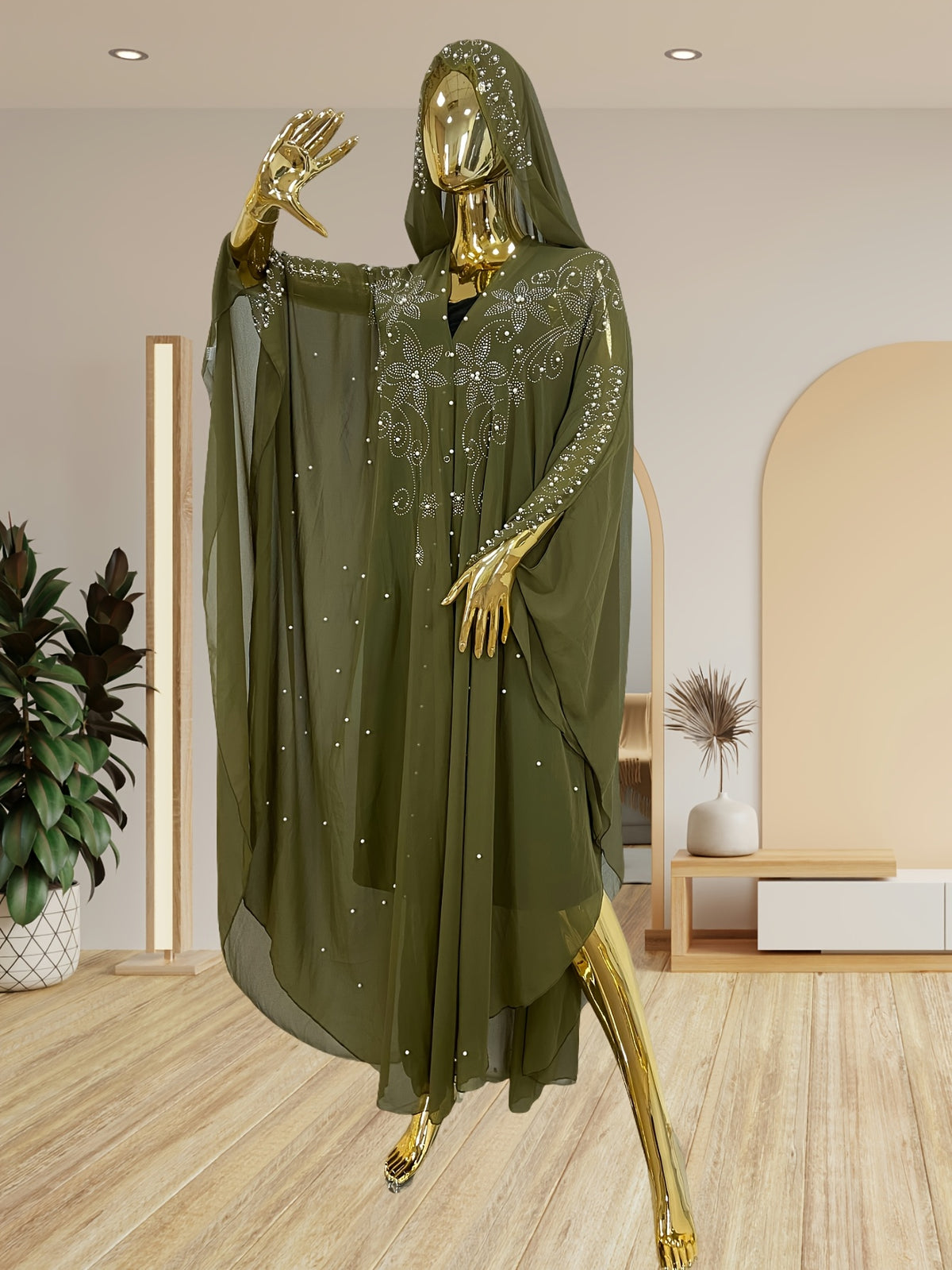 Rhinestone Cape Abaya Dress Women Batwing Trumpet Sleeves Long Cape Semi-Sheer Pearl Crystal Split Hem Formal Wedding