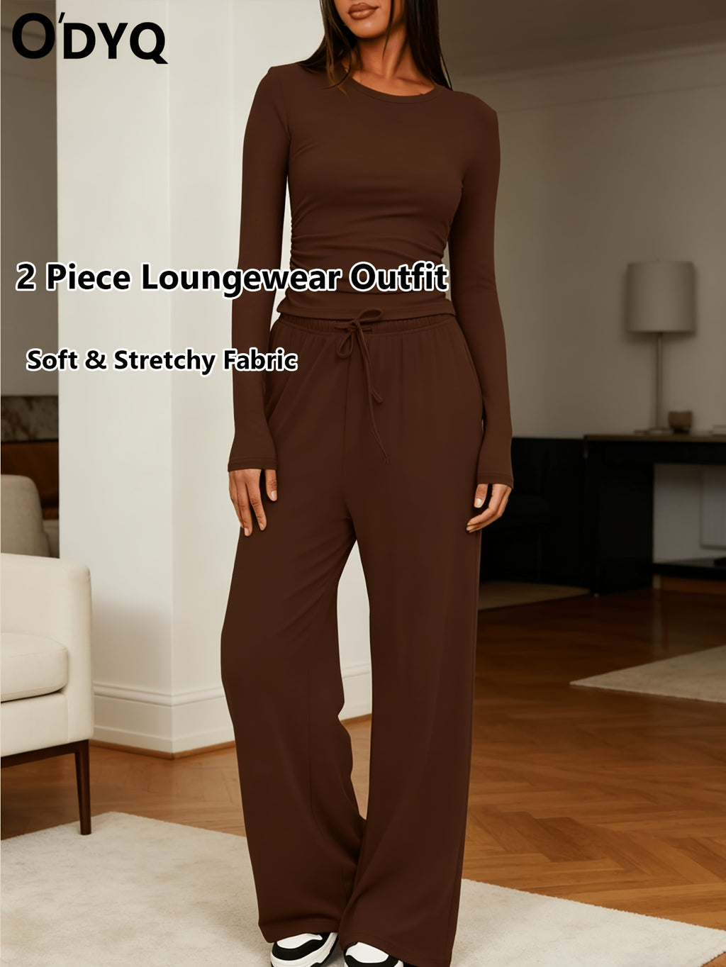 Women's 2 Piece Loungewear Set Casual Long Sleeve Top & High Waist Wide Leg Pants Sweatsuit Matching Outfit