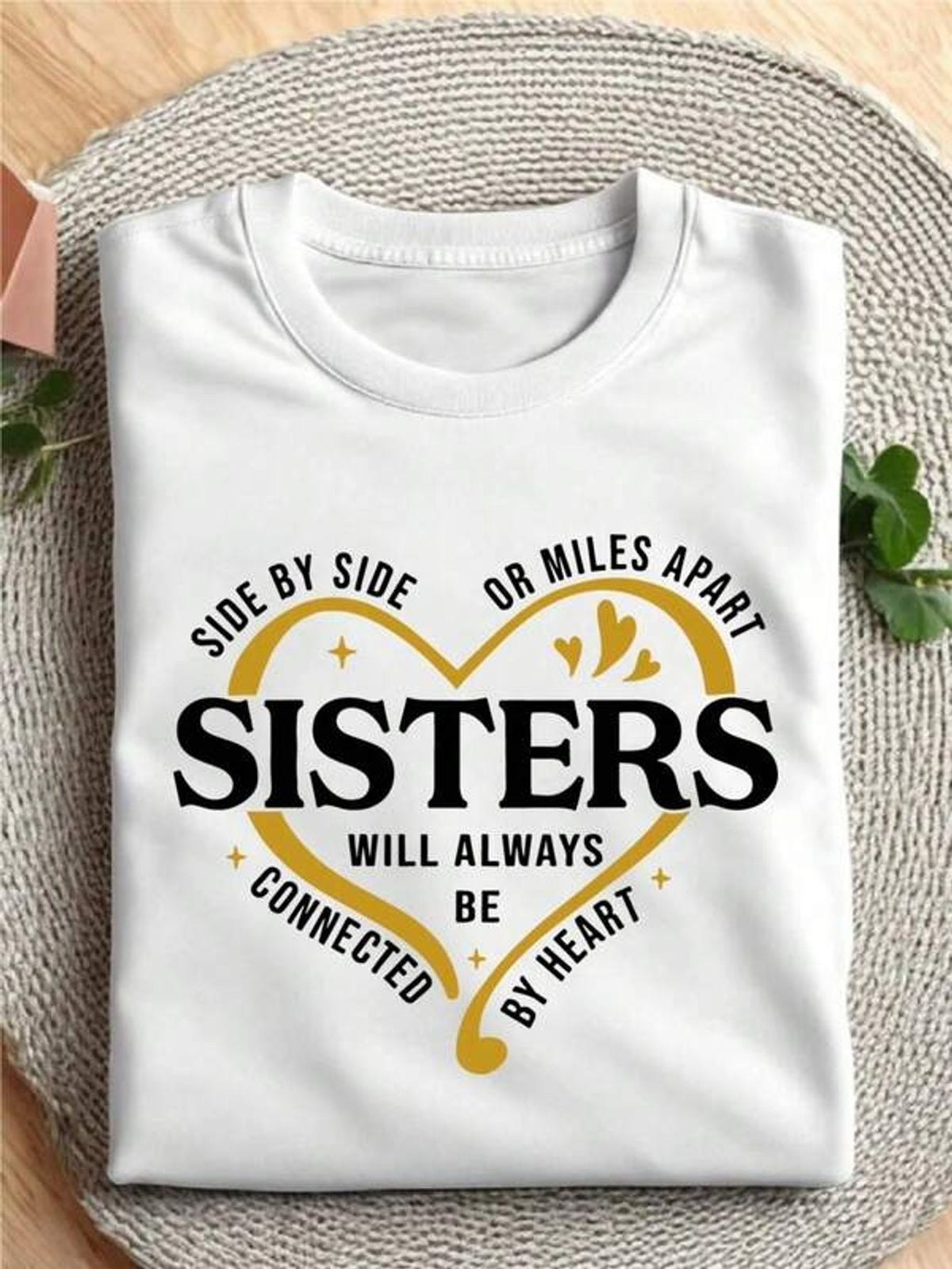 Sisters Matching T-Shirt Women Slogan Print Side By Side Miles Apart Crew Neck Short Sleeve Casual Graphic Tee Sister Trip Vacation Gift Top S-XXL