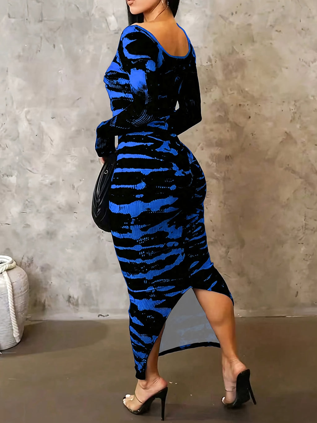 Tie-Dye Bodycon Maxi Dress Women Long Sleeve Ankle Length Contrasting Print Figure-Hugging Sexy Elegant Long Dress