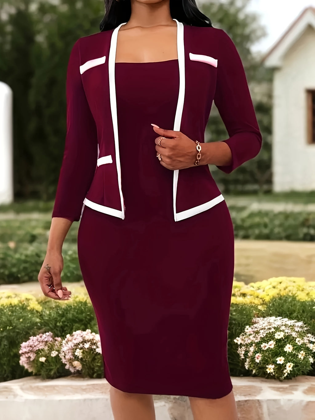 2-in-1 Bodycon Dress with Contrast Trim for Women - Long Sleeve Form-Fitting Burgundy Office Professional Elegant Dress, Smart Casual Work to Evening S-XXL