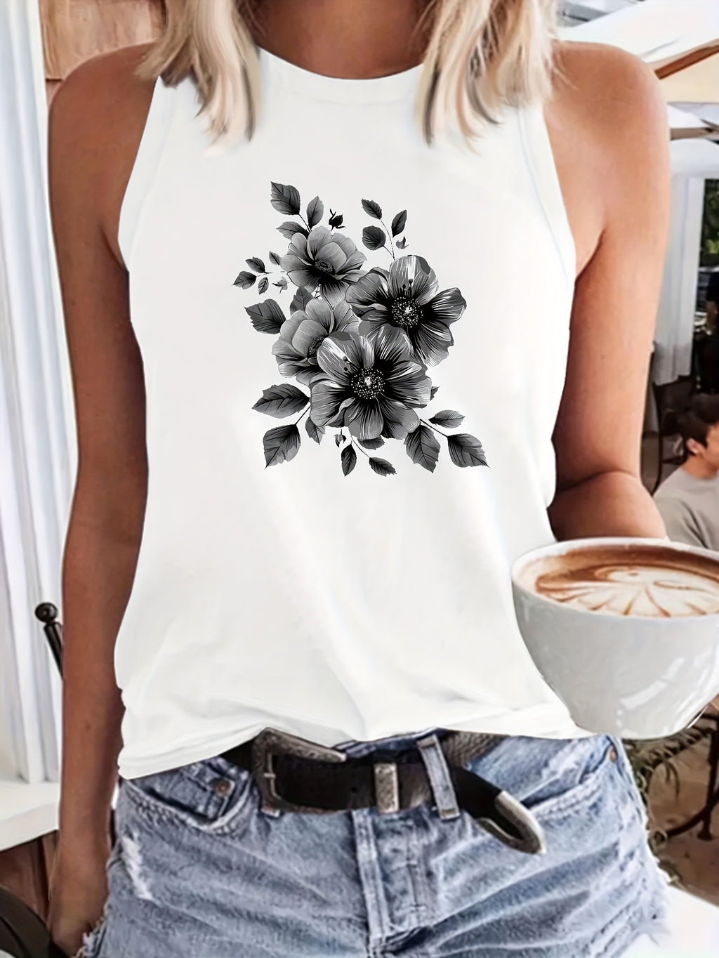 Print Tank Top Women Casual Crew Neck Sleeveless Summer Tee Graphic Top