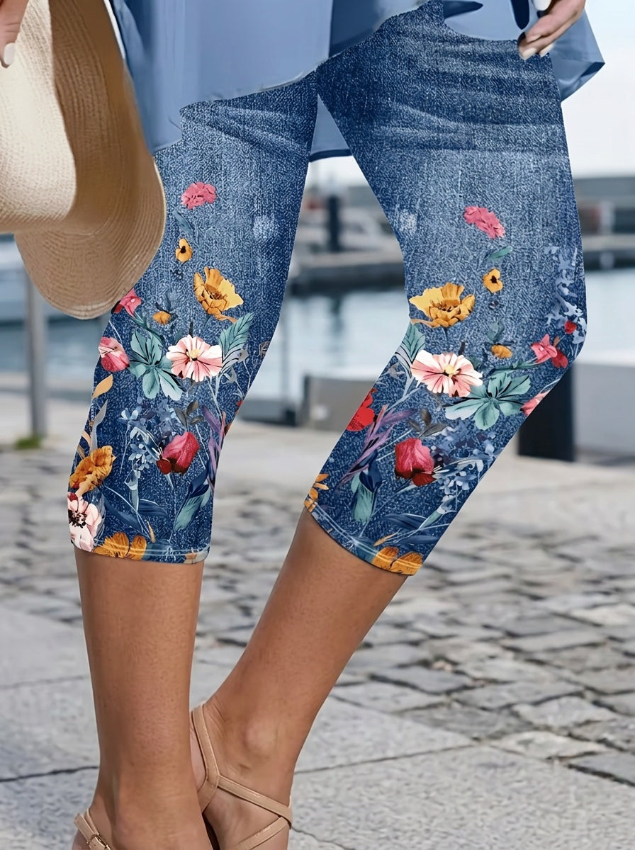 Faux Denim Print Capri Leggings for Women – Imitation Denim Floral Pattern 3/4 Length, Mid-Stretch Knit, Elegant Party Vacation Commute, 5 Colors S-XXL