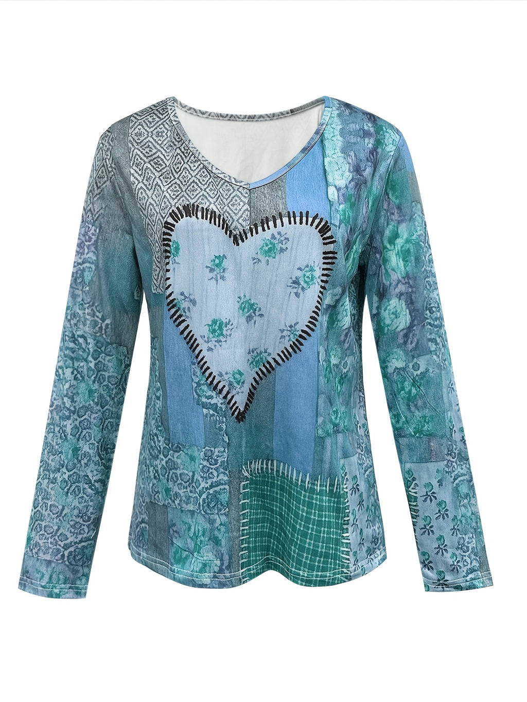 Heart Floral Patchwork Long Sleeve T-Shirt Women Vintage Retro V-Neck Loose Fit Casual Outdoor Fall Winter Top Soft Stretch Red S-XXL