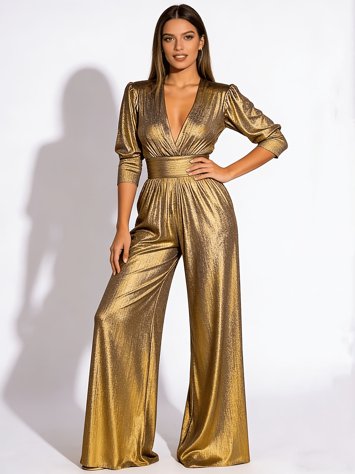 Shiny Wide Leg Jumpsuit for Women Elegant Deep V Neck High Waist Palazzo Pants Jumpsuit Three Quarter Sleeve Formal Party Evening Wedding Outfit Solid Color