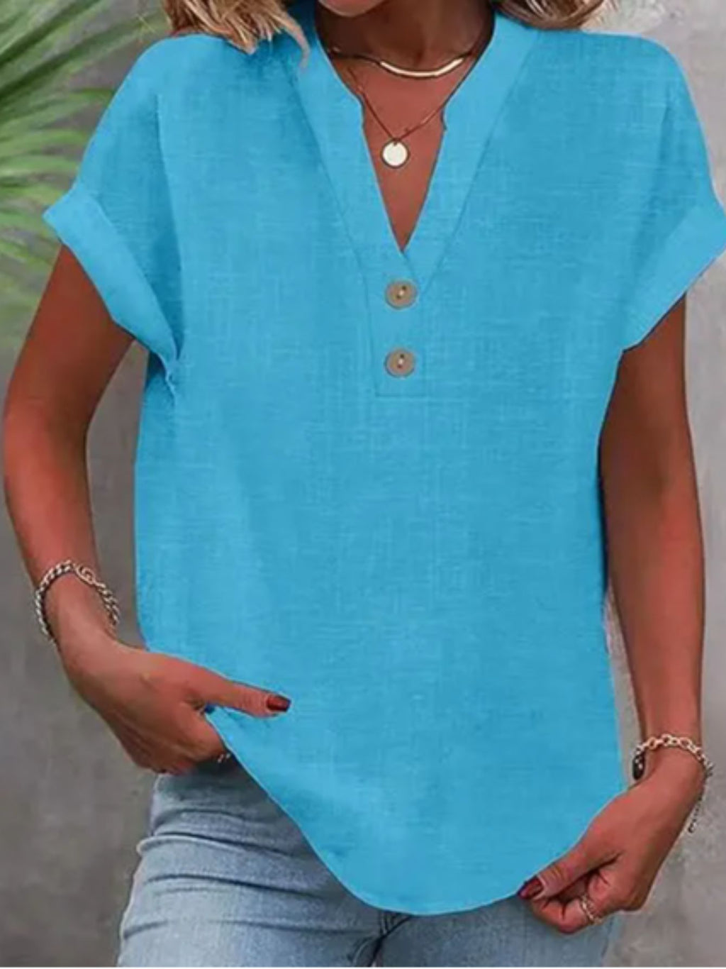 V-Neck Button Placket Tee Women Solid Color Short Sleeve Casual Summer Top Lightweight Breathable 15 Colors S-XXL
