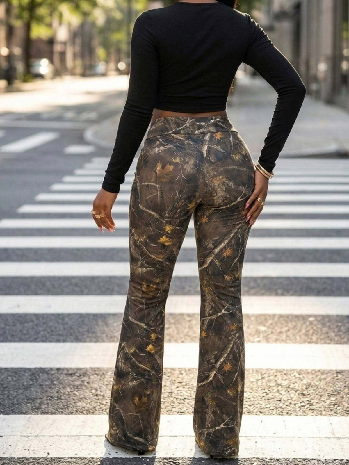 Slim Fit Flared Bell Bottom Pants Women Branch Print Wide Leg Trousers Casual Multicolor S-XL
