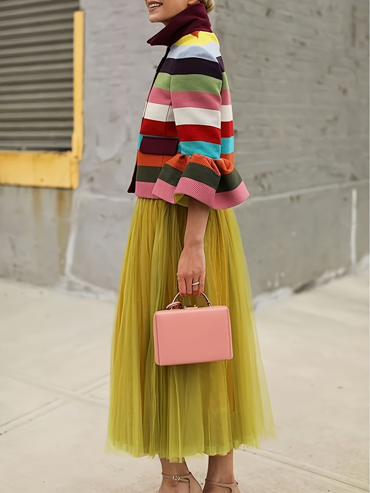 Vintage Striped Lapel Jacket Women Flared Sleeve Multi Color Elegant Party Evening Outerwear Spring Fall Colorful