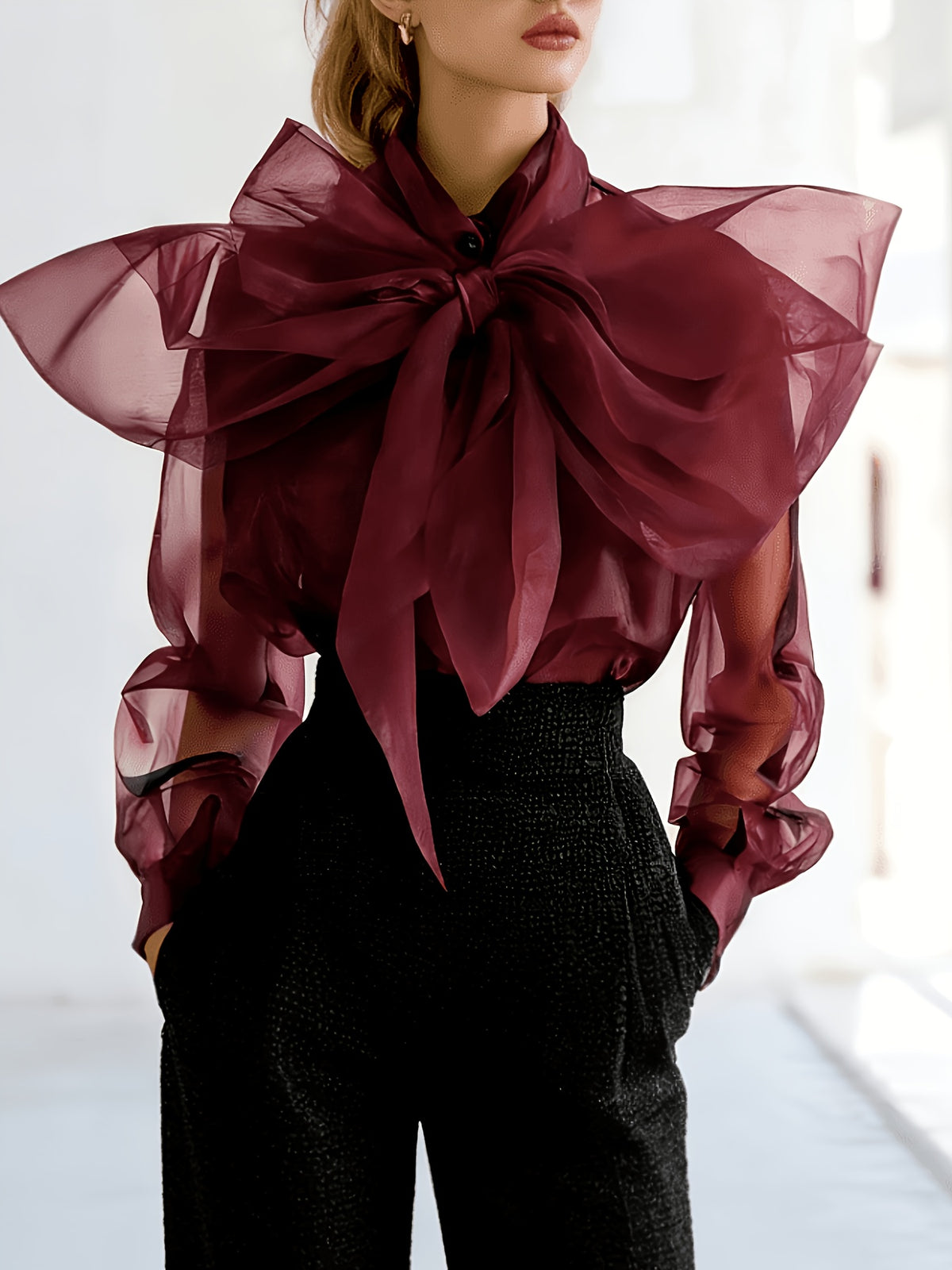 Sheer Chiffon Oversized Bow Neck Blouse for Women – Elegant Long Sleeve Transparent Purple Top for Date Night Party Casual Chic