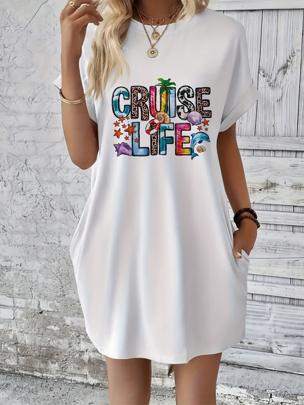 T-Shirt Dress Women Graphic Print Crew Neck Short Sleeve Casual Loose Stretch Spring Summer Machine Washable S M L XL XXL