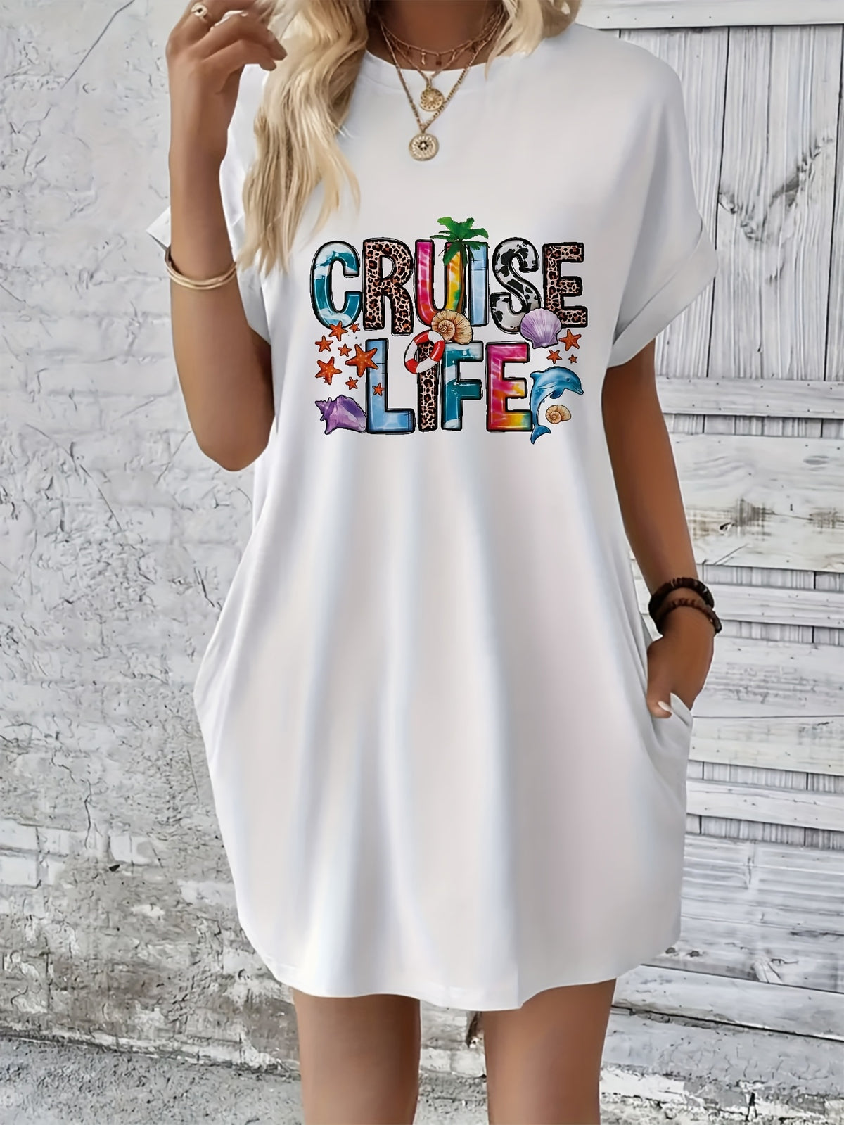 T-Shirt Dress Women Graphic Print Crew Neck Short Sleeve Casual Loose Stretch Spring Summer Machine Washable S M L XL XXL