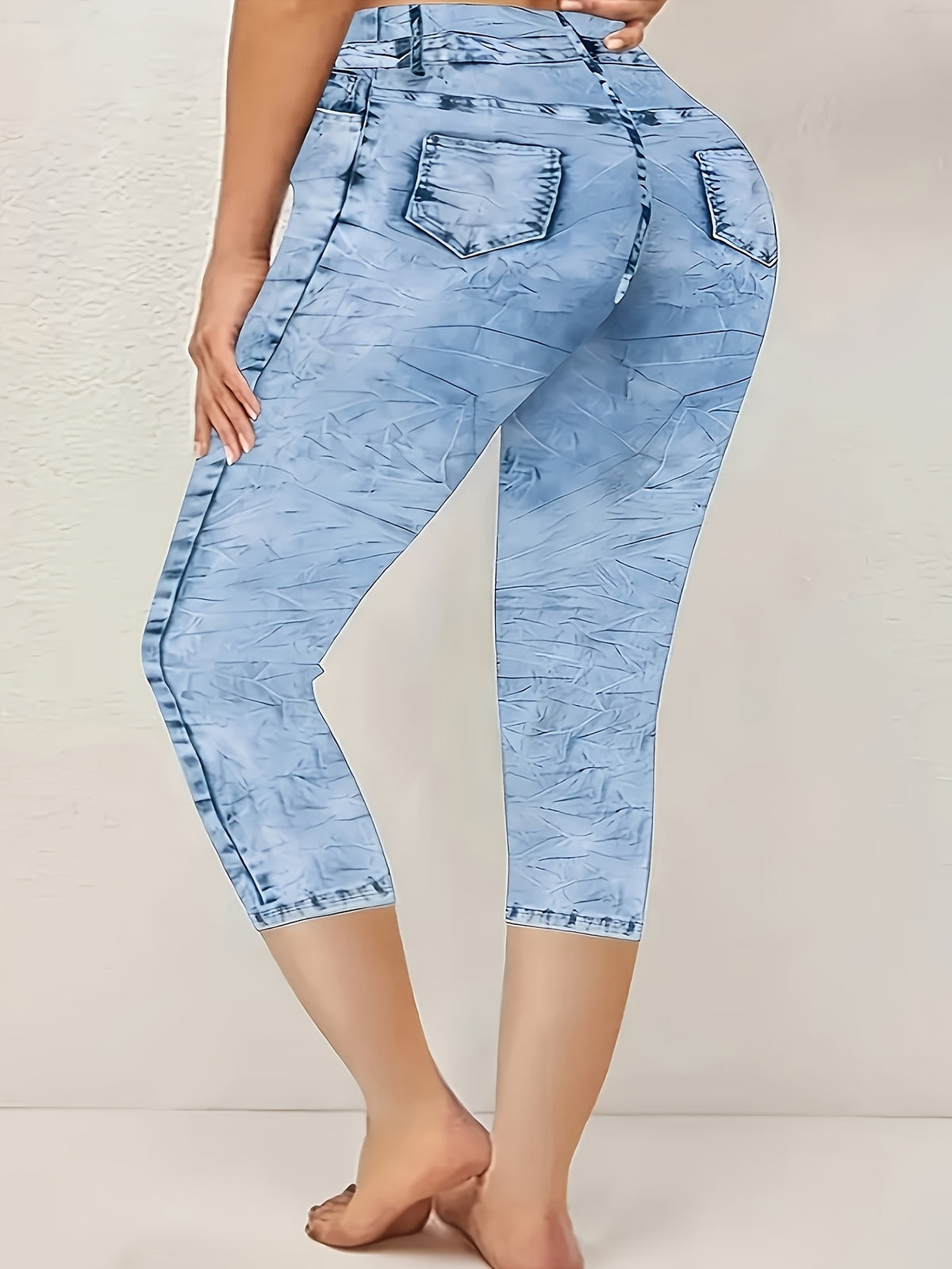 Geometric Print Capri Leggings for Women – Bright Steel Blue Tight Fit Non-Sheer Digitally Printed Cropped Pants, 95% Polyester Micro-Stretch All Season Layering, S-XXL