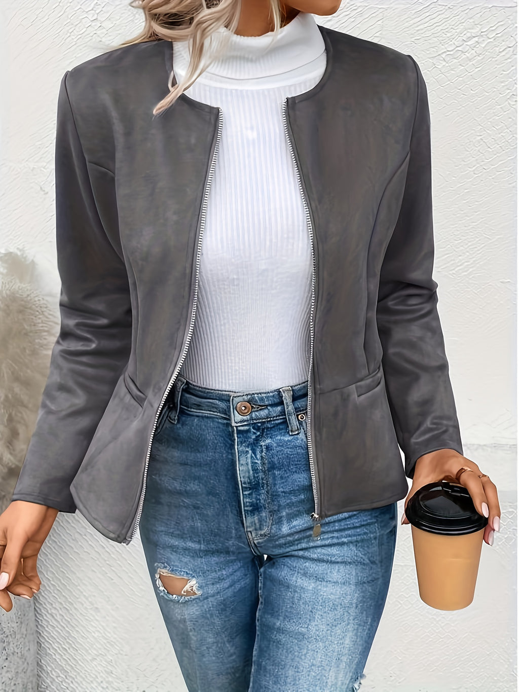 Slim Fit Zip Up Jacket for Women Round Neck Long Sleeve Casual Coat Solid Color All Season Versatile