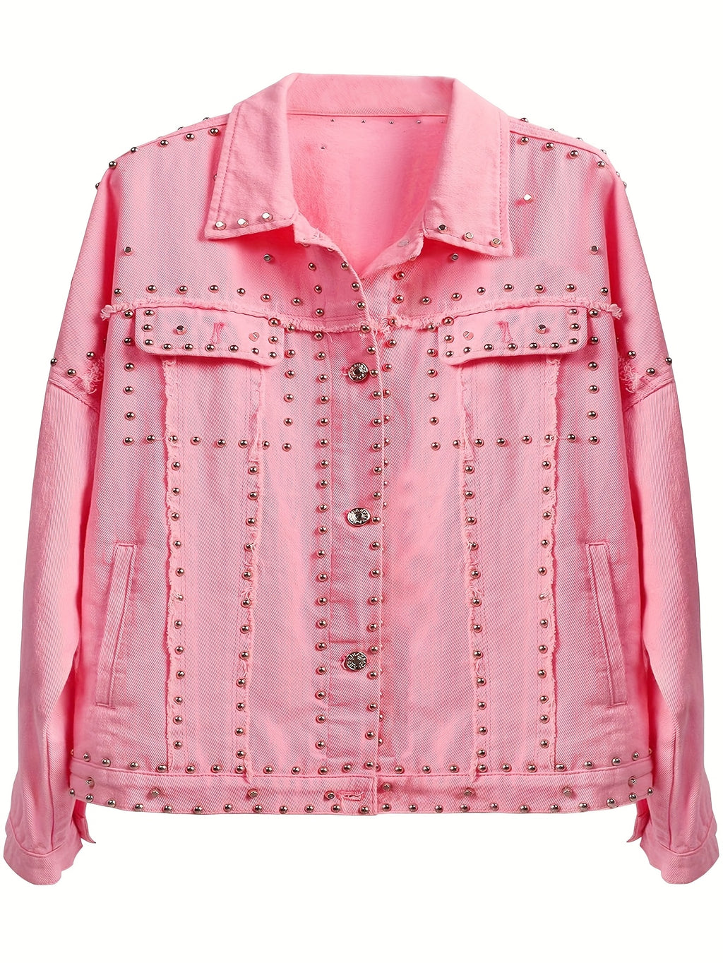 Women's Crop Fringe Denim Jacket Distressed Western Studded Black Trucker Jean Coat Silver Stud Long Sleeve Streetwear