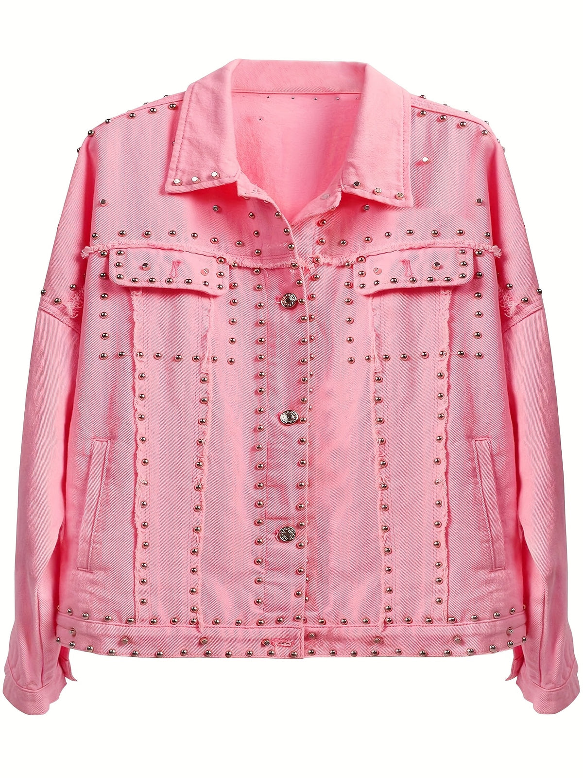 Women's Crop Fringe Denim Jacket Distressed Western Studded Black Trucker Jean Coat Silver Stud Long Sleeve Streetwear
