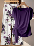 Women's 2 Piece Set Purple Floral Lace-Up Bow Short Sleeve Top & Straight Loose Trousers Casual Summer Matching Outfit