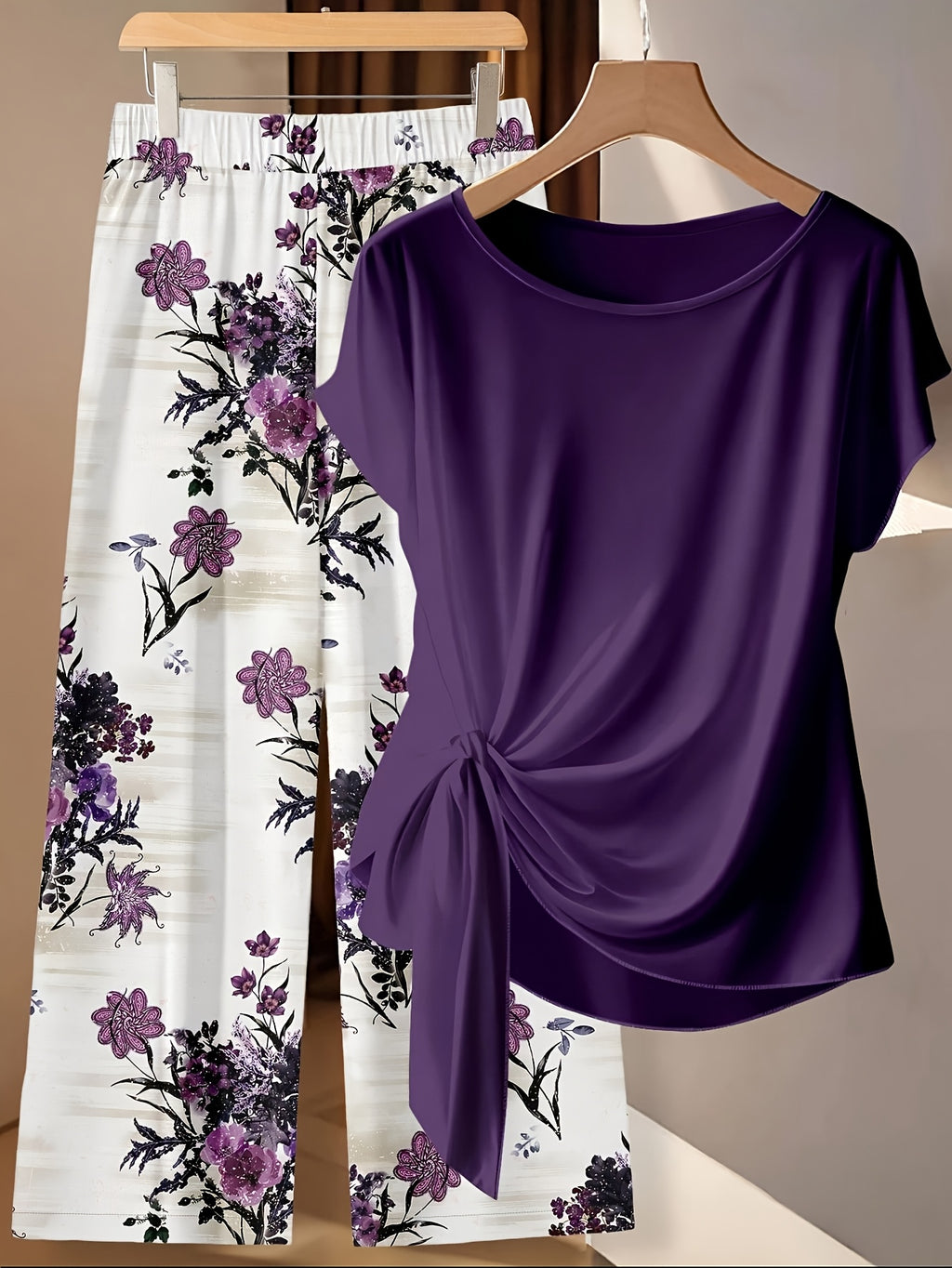 Women's 2 Piece Set Purple Floral Lace-Up Bow Short Sleeve Top & Straight Loose Trousers Casual Summer Matching Outfit