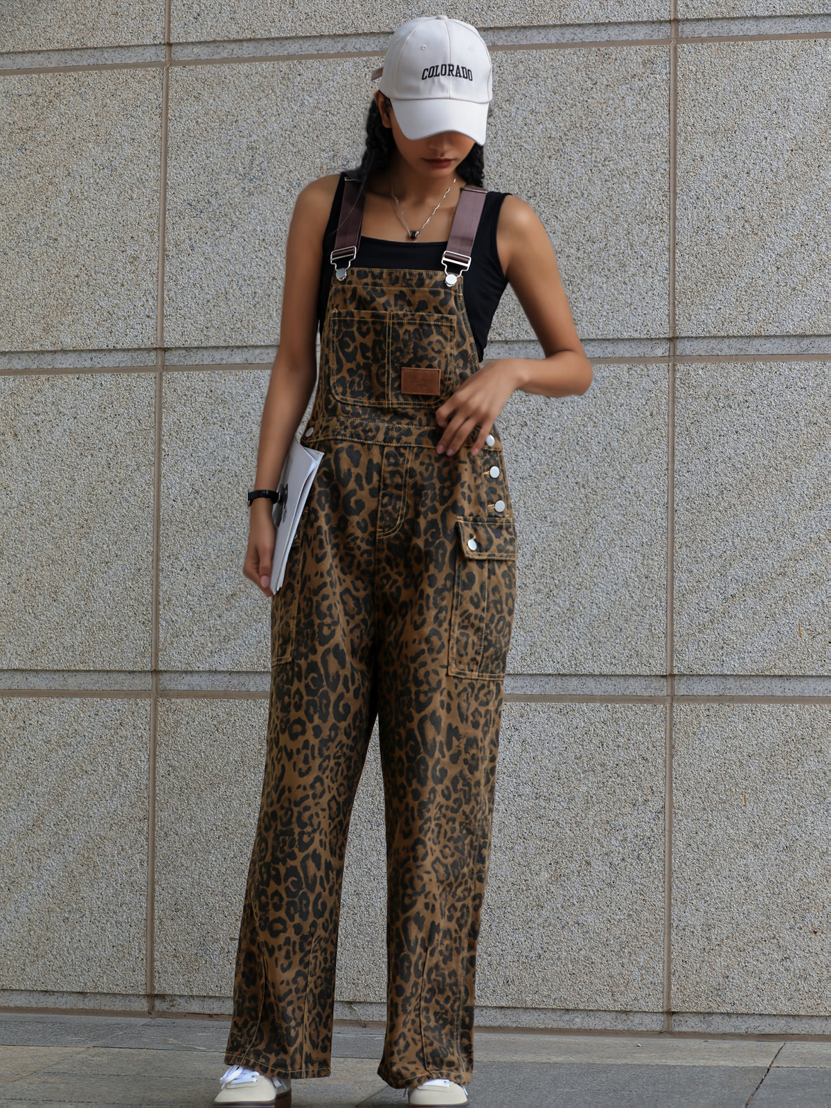 Leopard Print Denim Jumpsuit Women Multi-Pocket Loose Wide-Leg Retro Straight Leg One-Piece All Seasons S-XXL