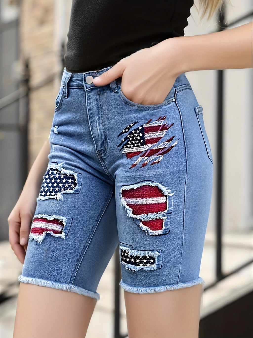 American Flag Embroidered Ripped Bermuda Denim Shorts Women Elastic Waist Stretch Distressed Knee Length 2026 | Mira Roam