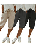 Boyfriend Capri Pants Set Women 3-Piece Drawstring Waist Curled Hem Pockets Casual Holiday Beach Summer Relaxed