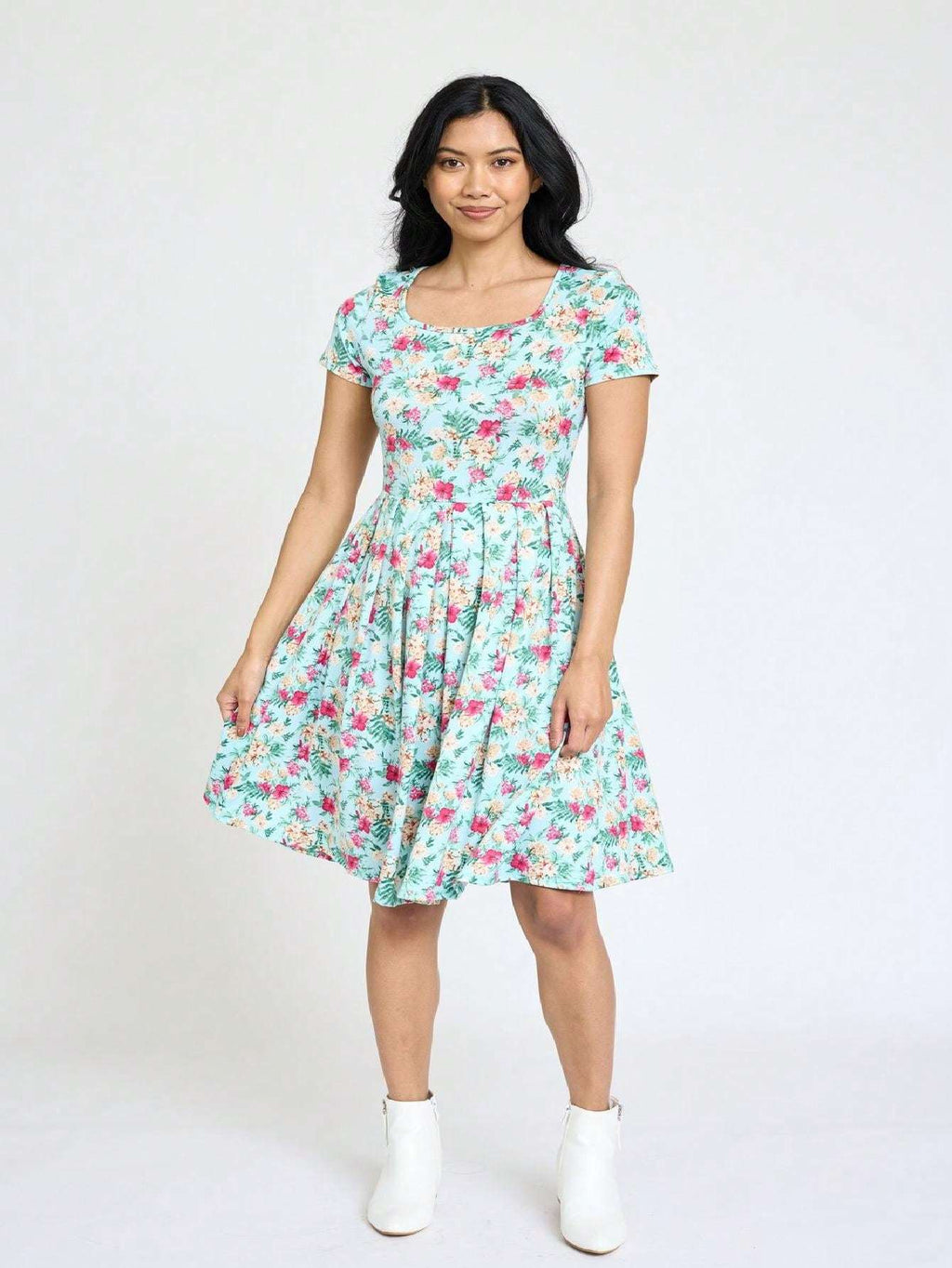 Paisley Floral Swing Dress Women Chevron Stripe Patchwork Pleated Square Neck Elastic Waist Midi Casual Plus Size S-3X