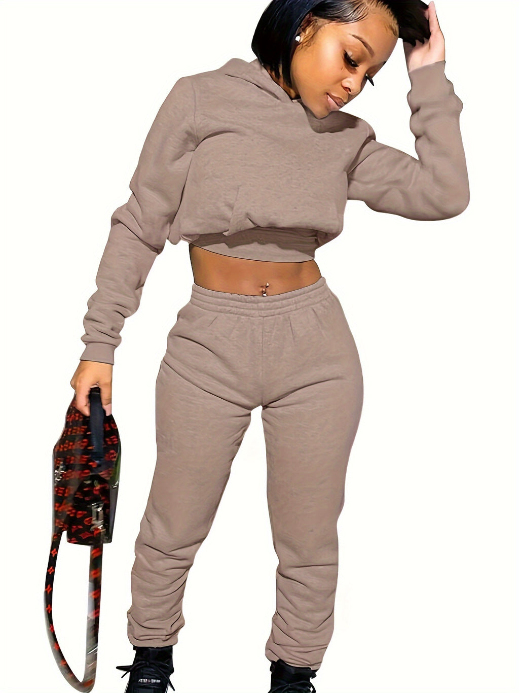 Velvet Tracksuit Set Women Cropped Hoodie Kangaroo Pockets Jogger Sweatpants Solid Color Luxe Autumn Winter Lounge Jogger Set S-XXL