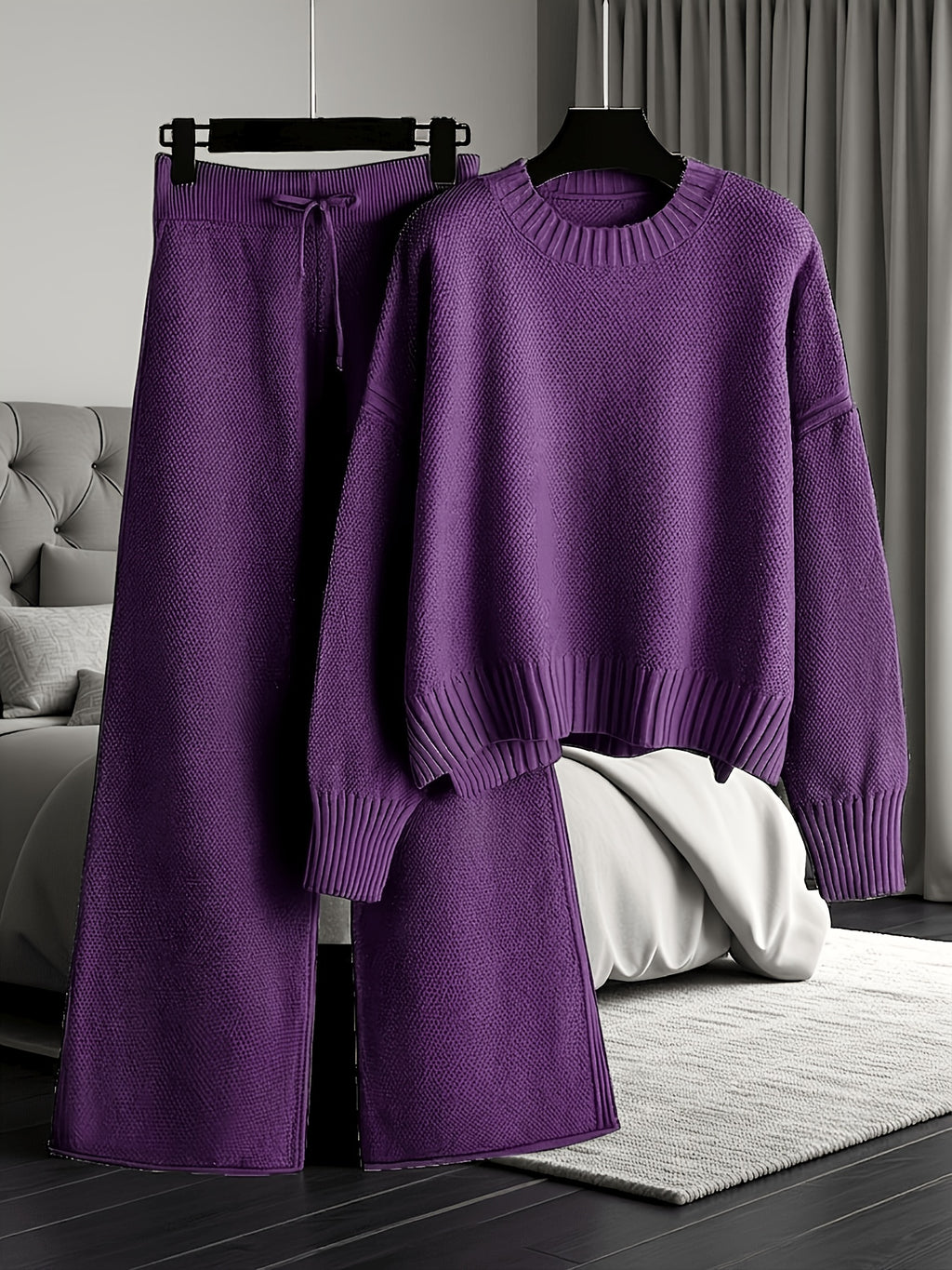Waffle Texture Two-Piece Set Women Long Sleeve Hoodie High Waist Wide Leg Pants Casual Loose Retro Fall Tracksuit Set S-XXL