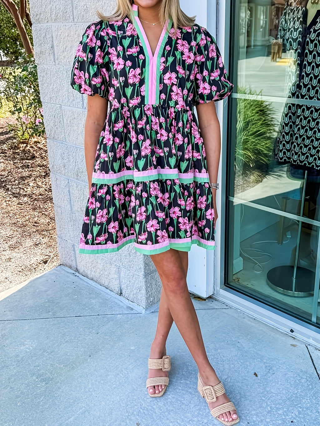 Puff Sleeve Floral Mini Dress Women Boho V-Neck Loose Flared Hem Lightweight Beach Vacation Dress Summer S-XXL
