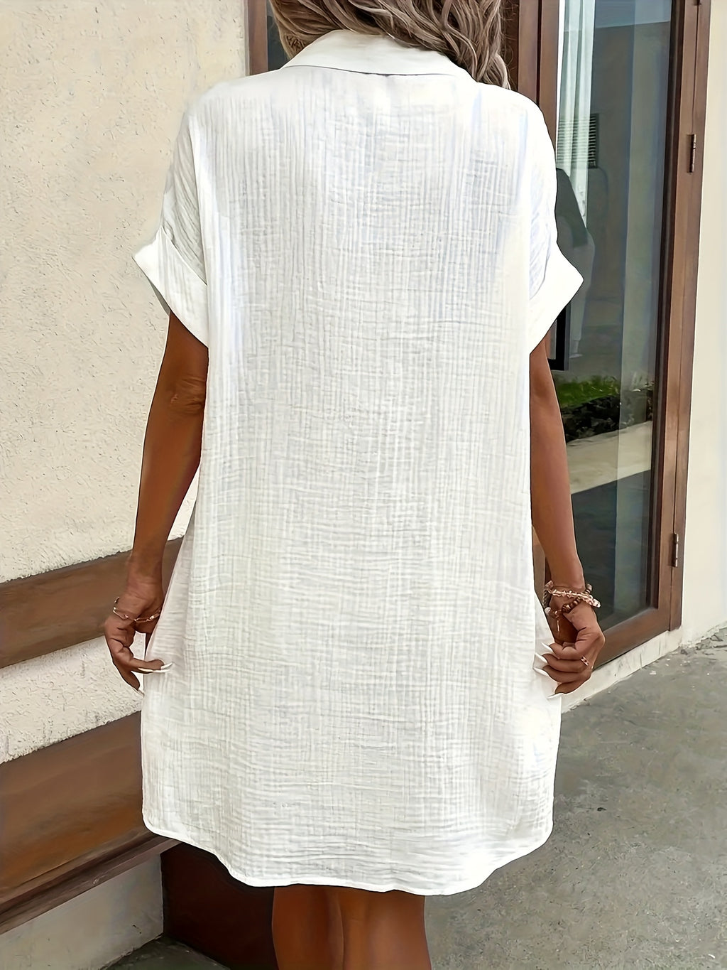 V-Neck Button Shirt Dress Women Short Sleeve Casual All-Season Lightweight Collar Dress
