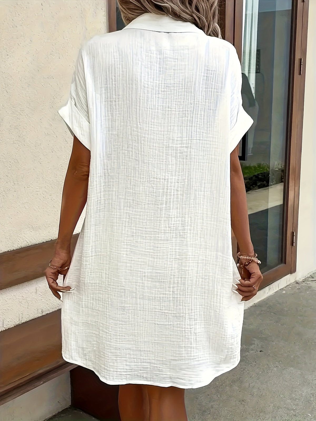 V-Neck Button Shirt Dress Women Short Sleeve Casual All-Season Lightweight Collar Dress