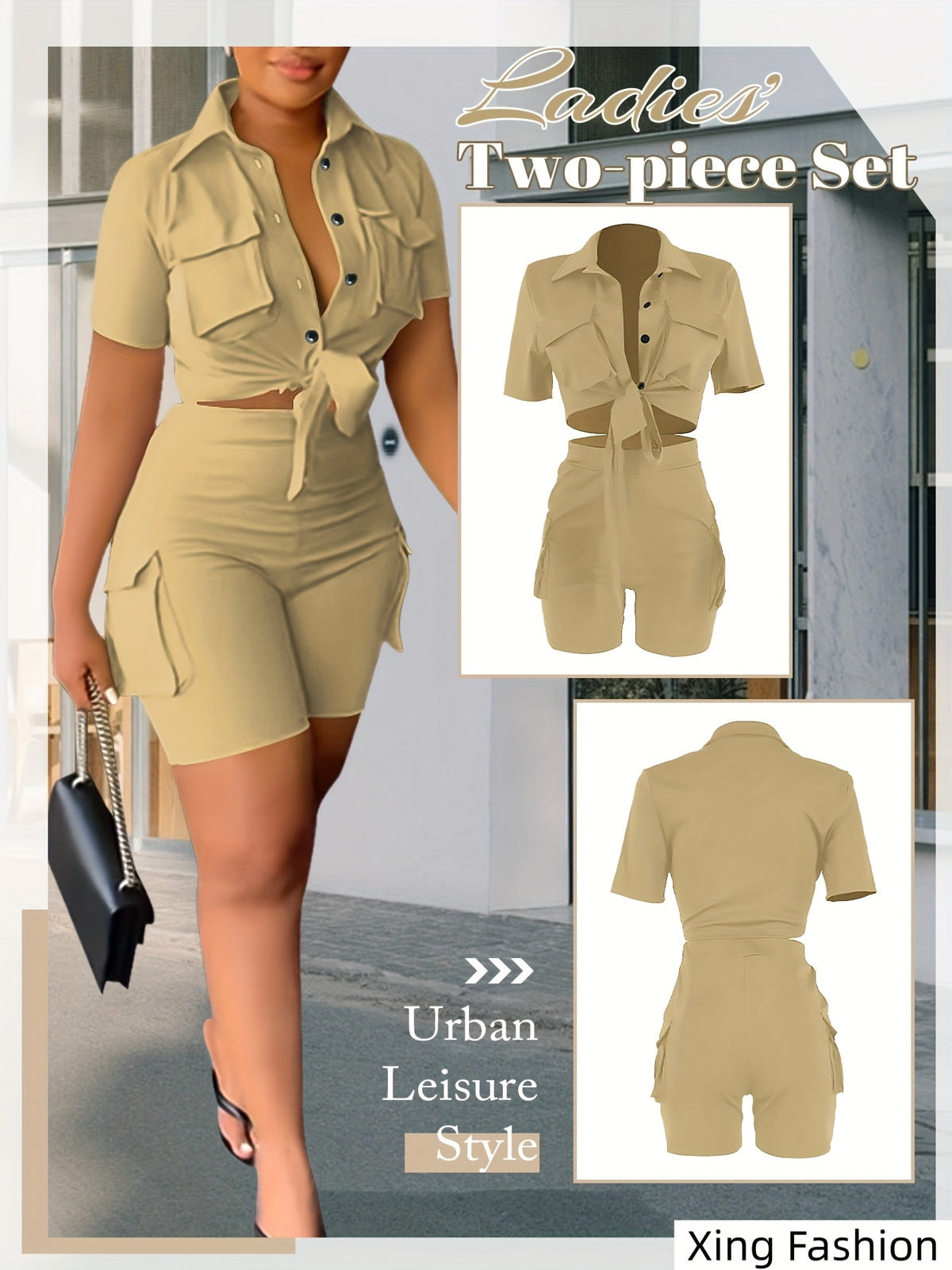 Women 2pcs Short Sleeve Button Top Biker Shorts Set Summer Casual Streetwear Solid Color with Pockets Khaki Black White Green