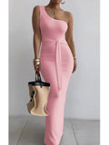 One Shoulder Long Dress Women Pencil Fit Drawstring Waist Sexy Knit Bodycon Maxi Dress Summer Party Dress S-XXL