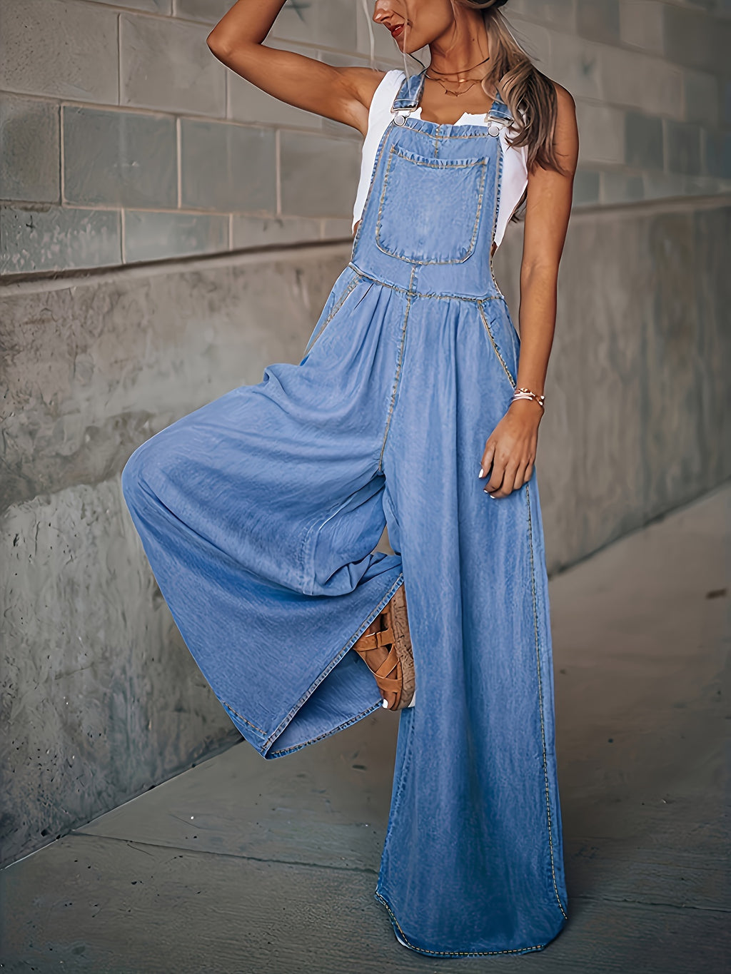 Women's Wide-Leg Denim Overall Pants Adjustable Shoulder Straps Large Pockets Loose Casual S-XXL