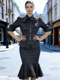 Bow Tie Puff Sleeve Jacket and Fishtail Skirt 2pcs Set for Women - Retro Elegant Vintage Style Jewel Button Co-Ord, Formal Casual Luxury Spring Fall Black Dark Blue S-XXL