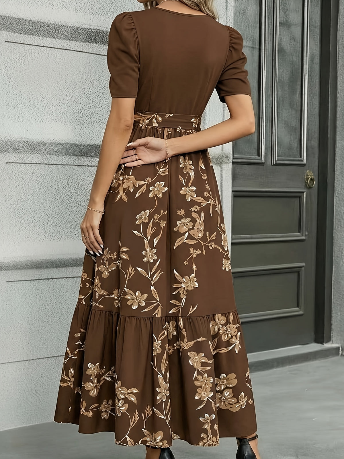 Floral Cinched Waist Long Maxi Dress Women Crew Neck Fitted Elegant Casual Dress for Business Afternoon Tea S-XXL