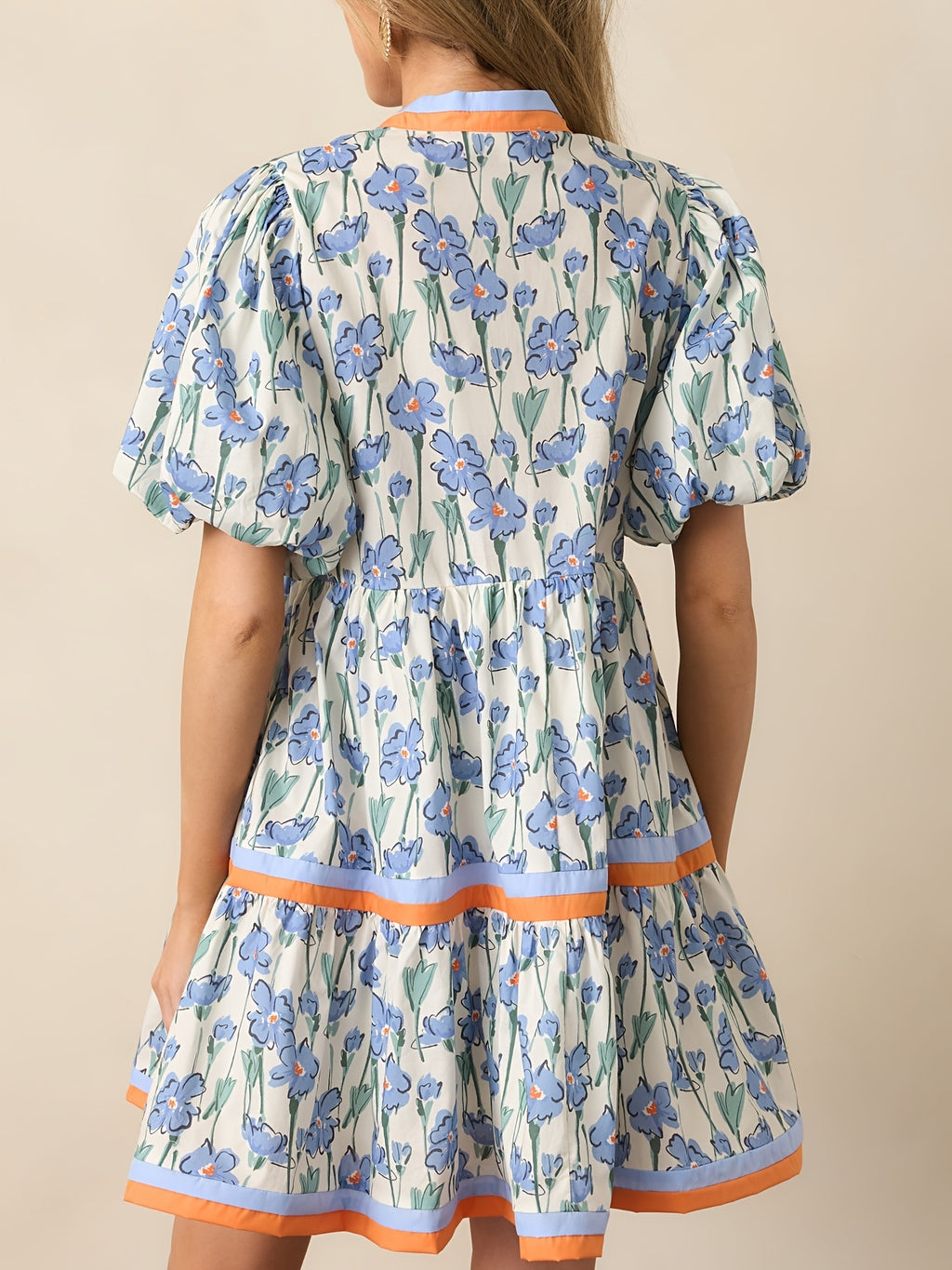 Puff Sleeve Floral Mini Dress Women Boho V-Neck Loose Flared Hem Lightweight Beach Vacation Dress Summer S-XXL