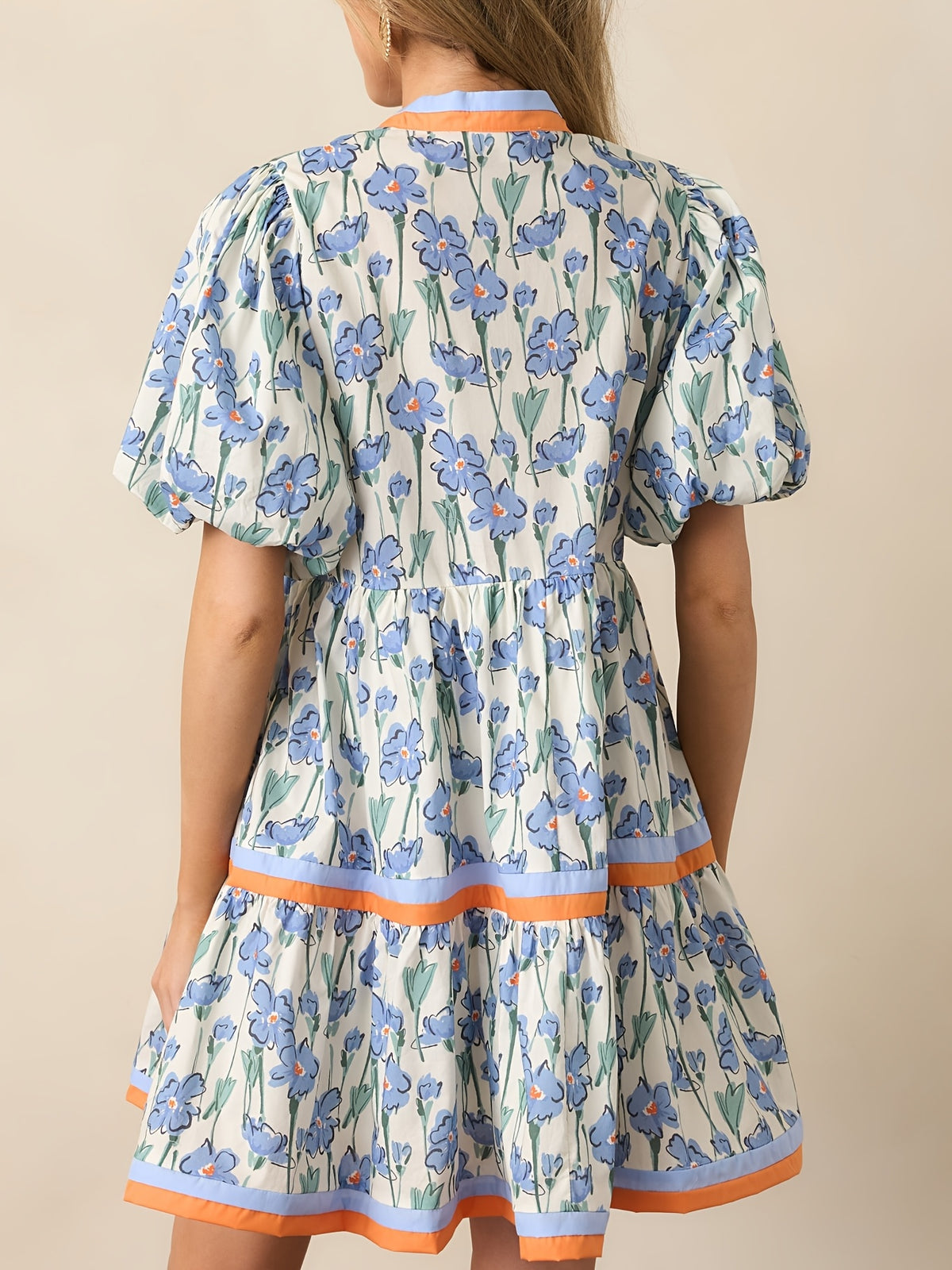 Puff Sleeve Floral Mini Dress Women Boho V-Neck Loose Flared Hem Lightweight Beach Vacation Dress Summer S-XXL