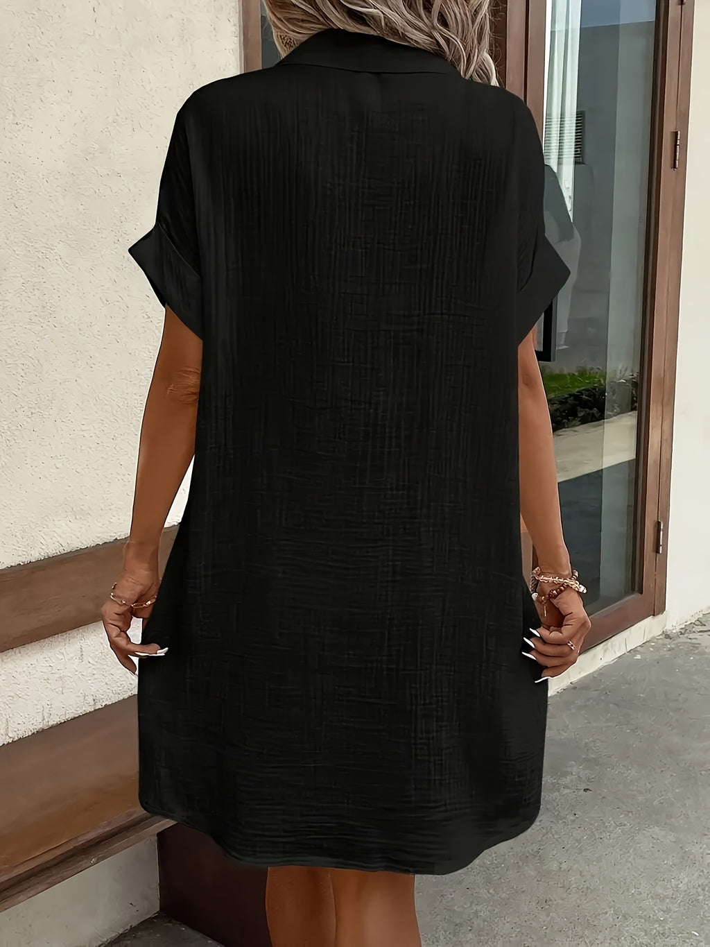 V-Neck Button Shirt Dress Women Short Sleeve Casual All-Season Lightweight Collar Dress
