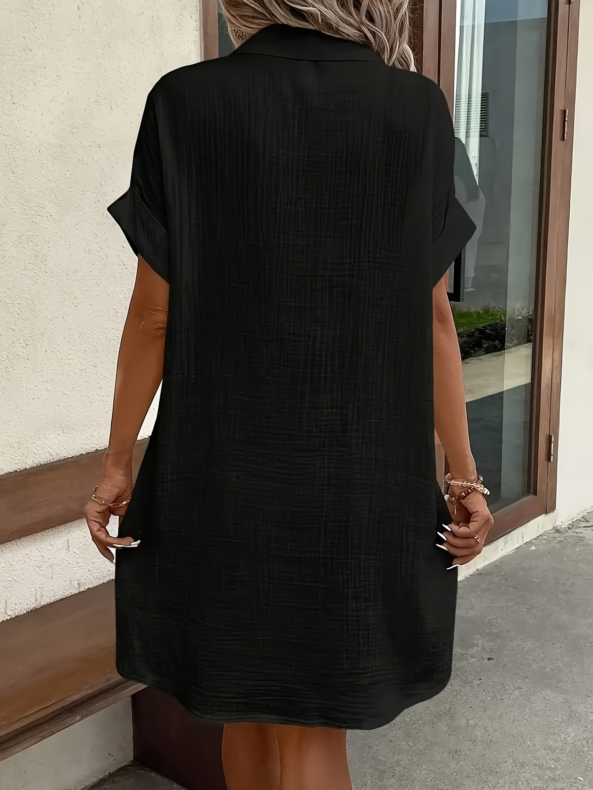 V-Neck Button Shirt Dress Women Short Sleeve Casual All-Season Lightweight Collar Dress